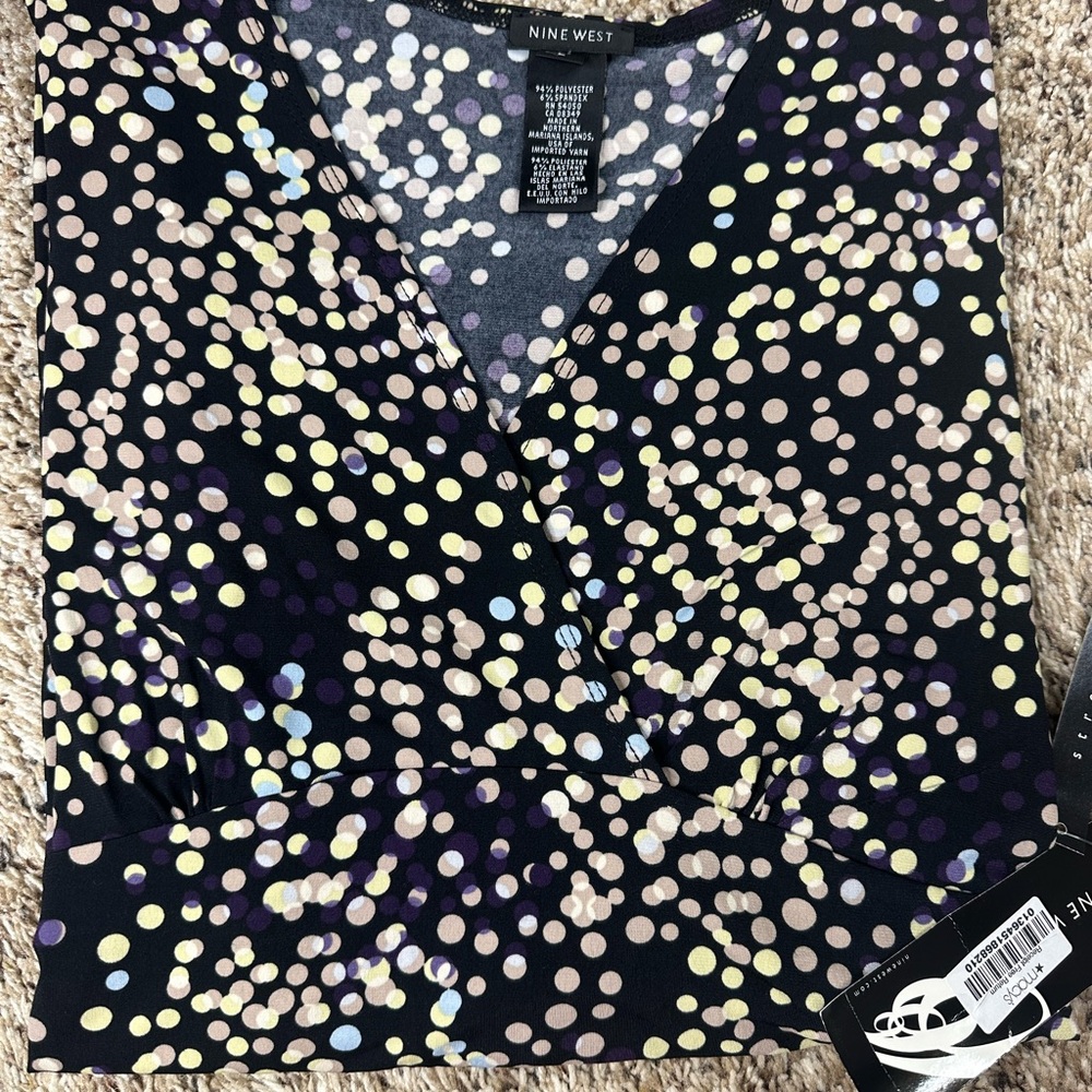 Nine West Women’s Top Black/purple/Tan/Blue Dot V-Neck Classic 3/4 Sleeves Large
